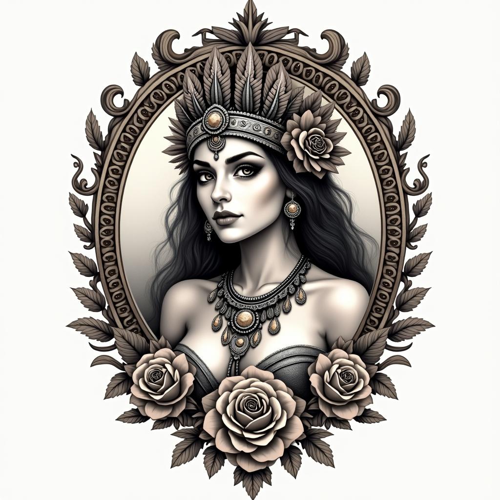 Aztec warrior princess sexyin victorian style tattoo, featuring vintage and elegant elements, ornate frames, roses, antique, sepia-toned color scheme - Variation 3