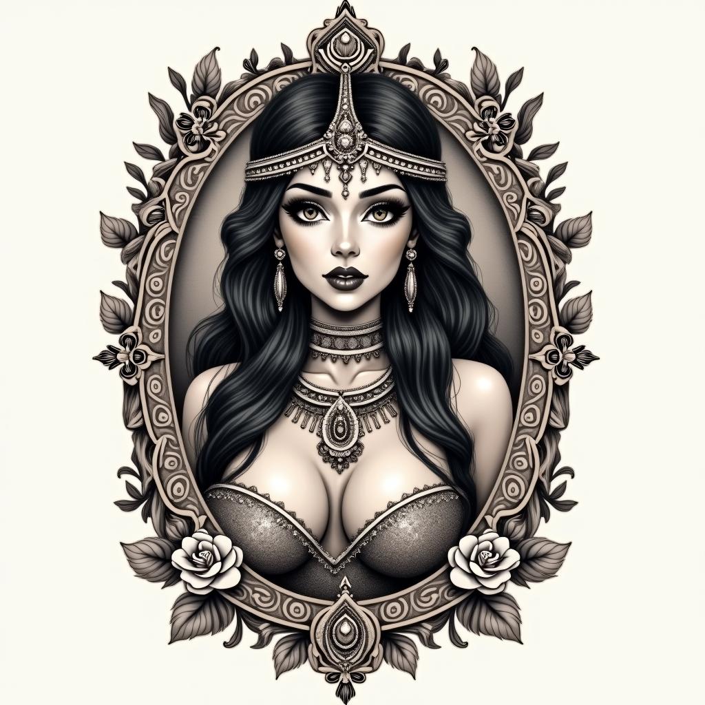 Aztec warrior princess sexyin victorian style tattoo, featuring vintage and elegant elements, ornate frames, roses, antique, sepia-toned color scheme
