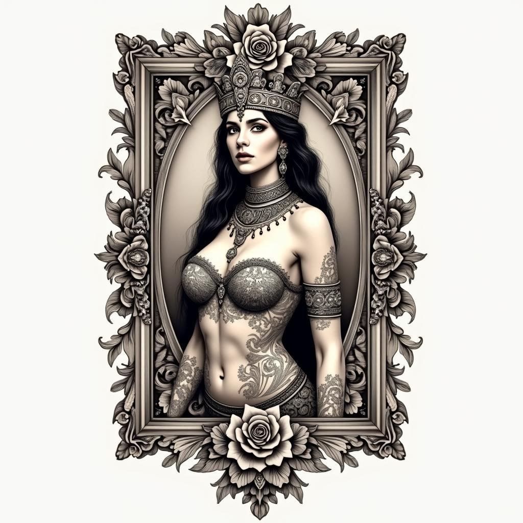 Aztec warrior princess sexyin victorian style tattoo, featuring vintage and elegant elements, ornate frames, roses, antique, sepia-toned color scheme - Variation 4