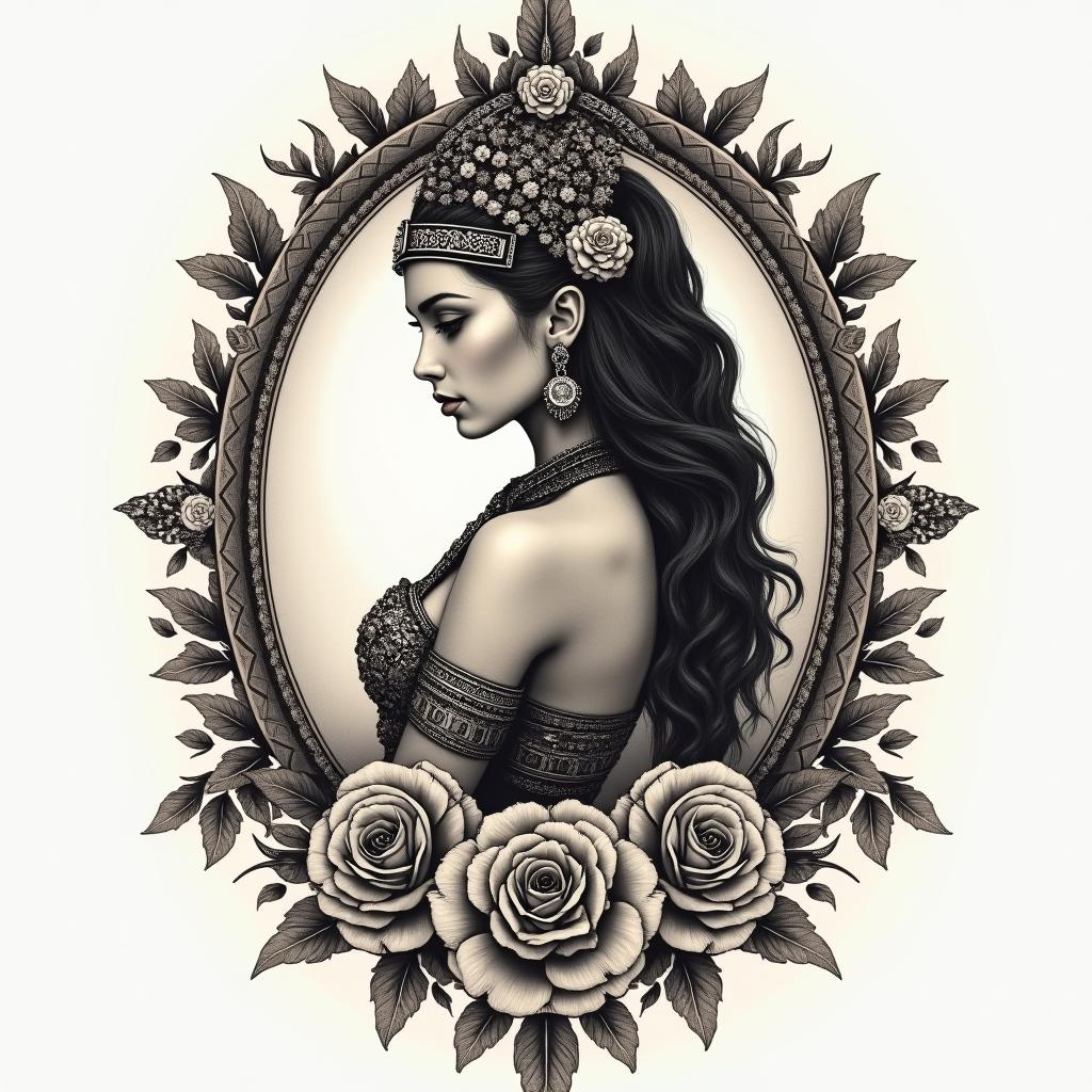 Aztec warrior princess sexyin victorian style tattoo, featuring vintage and elegant elements, ornate frames, roses, antique, sepia-toned color scheme - Variation 2