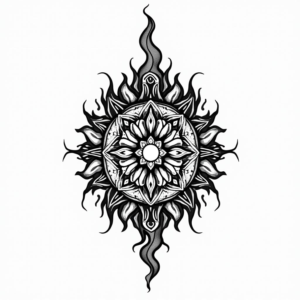Flame outline backgroundin dotwork style tattoo, complex mandala patterns, interlocking geometric shapes with sharp symmetry, clean lines, sharp angles - Variation 2