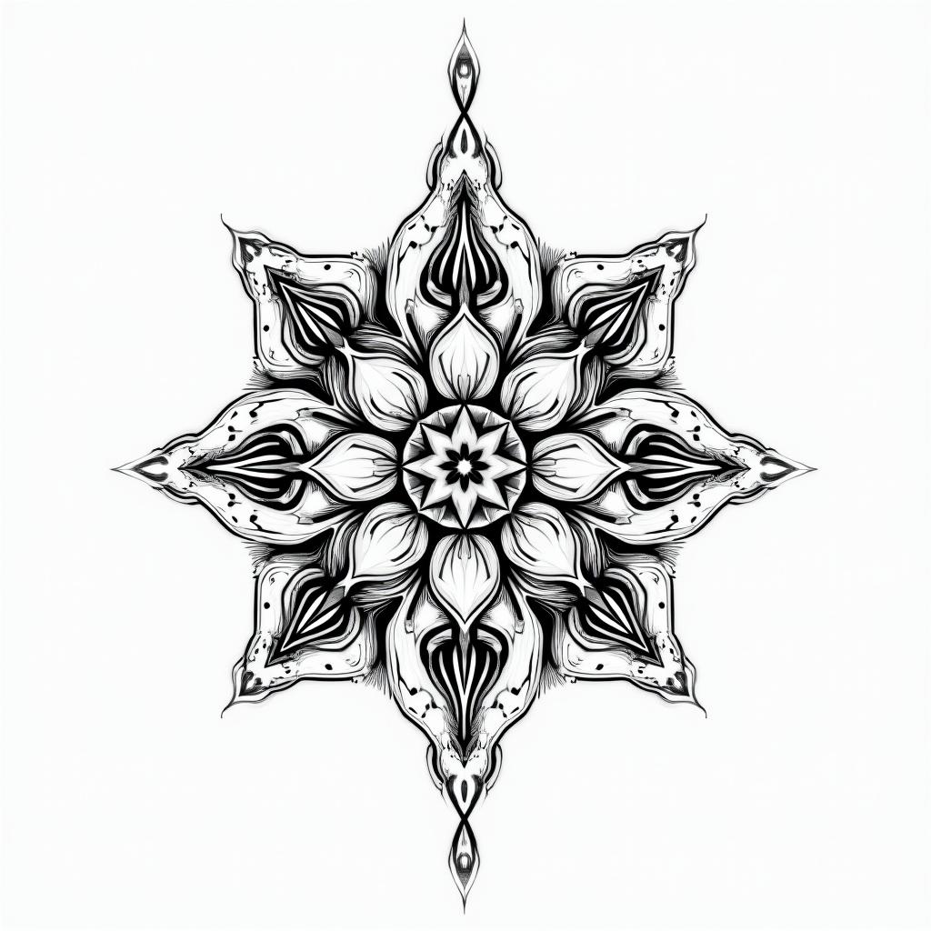 Flame outline backgroundin dotwork style tattoo, complex mandala patterns, interlocking geometric shapes with sharp symmetry, clean lines, sharp angles - Variation 4