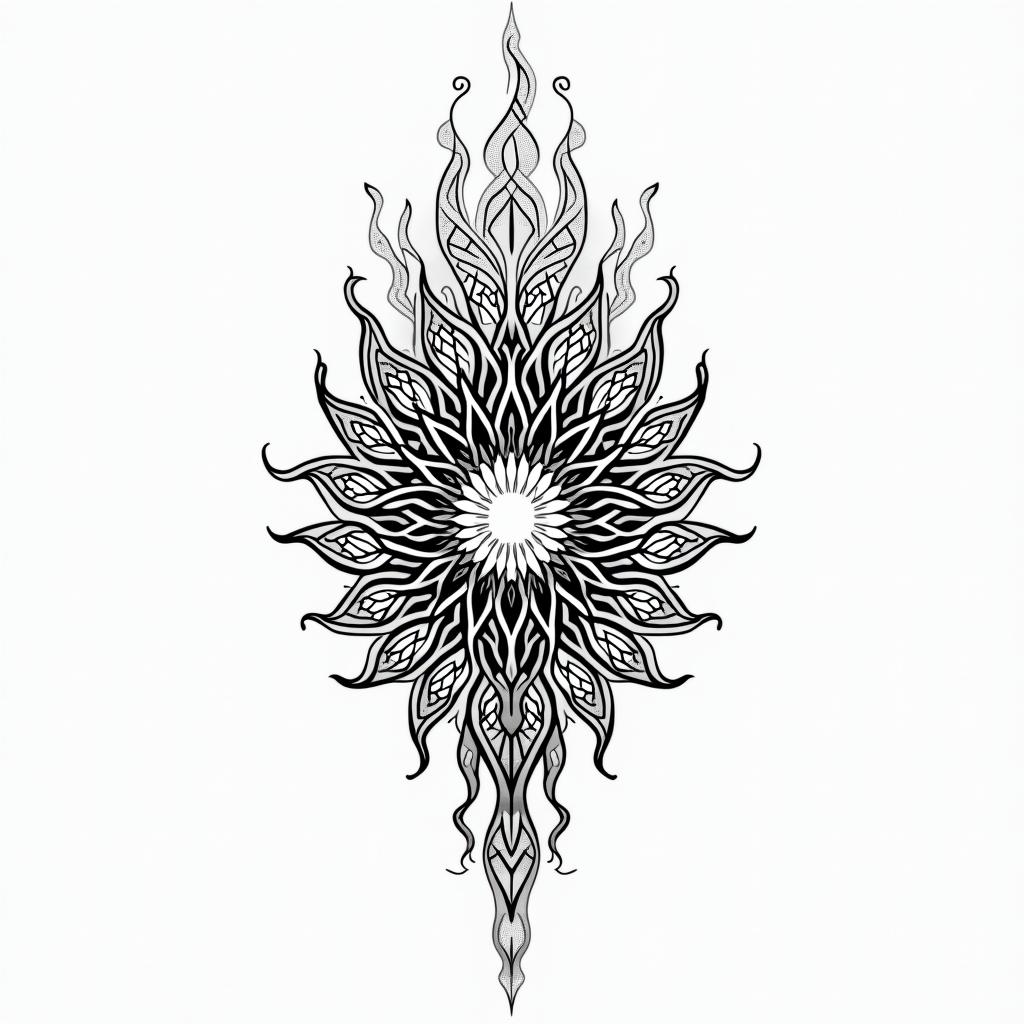 Flame outline backgroundin dotwork style tattoo, complex mandala patterns, interlocking geometric shapes with sharp symmetry, clean lines, sharp angles - Variation 3