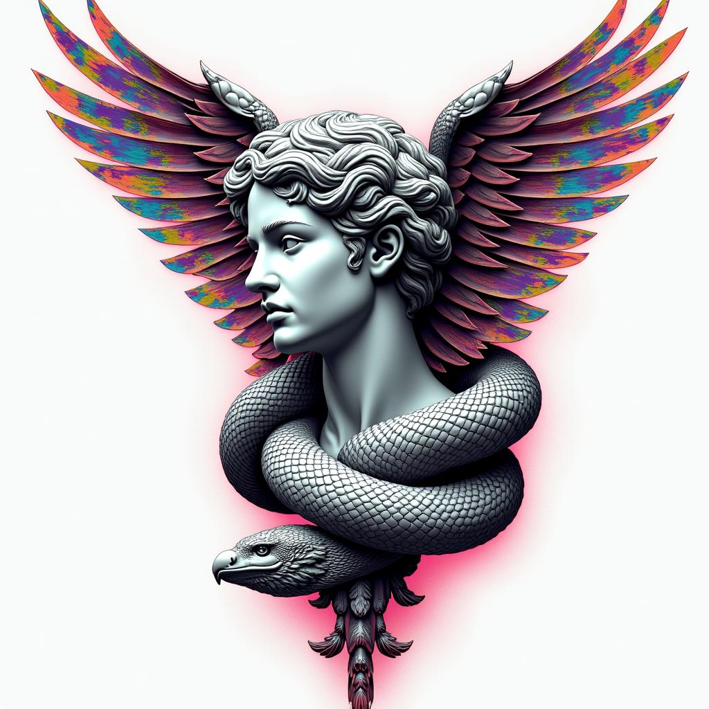 Medical snake
wrapped around phoenixin distorted and fragmented tattoo design, featuring a classical statue bust, in a glitch art style with vibrant, overlapping colors of cyan, magenta, and yellow, creating a digital distortion effect - Variation 4