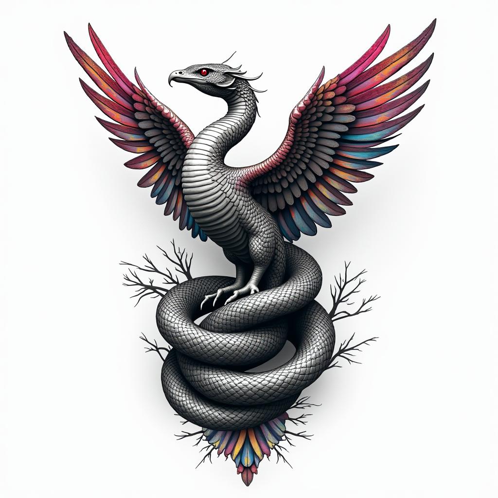 Medical snake
wrapped around phoenixin distorted and fragmented tattoo design, featuring a classical statue bust, in a glitch art style with vibrant, overlapping colors of cyan, magenta, and yellow, creating a digital distortion effect - Variation 3