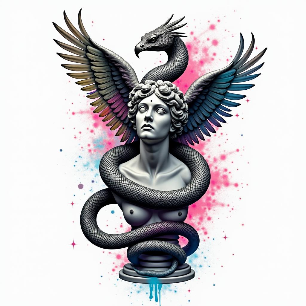 Medical snake
wrapped around phoenixin distorted and fragmented tattoo design, featuring a classical statue bust, in a glitch art style with vibrant, overlapping colors of cyan, magenta, and yellow, creating a digital distortion effect
