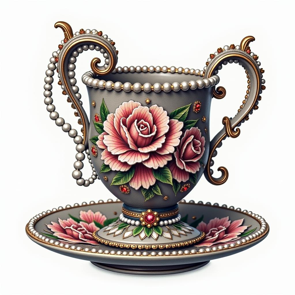 Teacup from the Victorian Renaissance era, heavily draped and adorned in pearls and chains with inlays of jewels and precious gemstones. Lots of colorin new school tattoo, pop culture, modern, detailed tattoo, illustrative - Variation 4