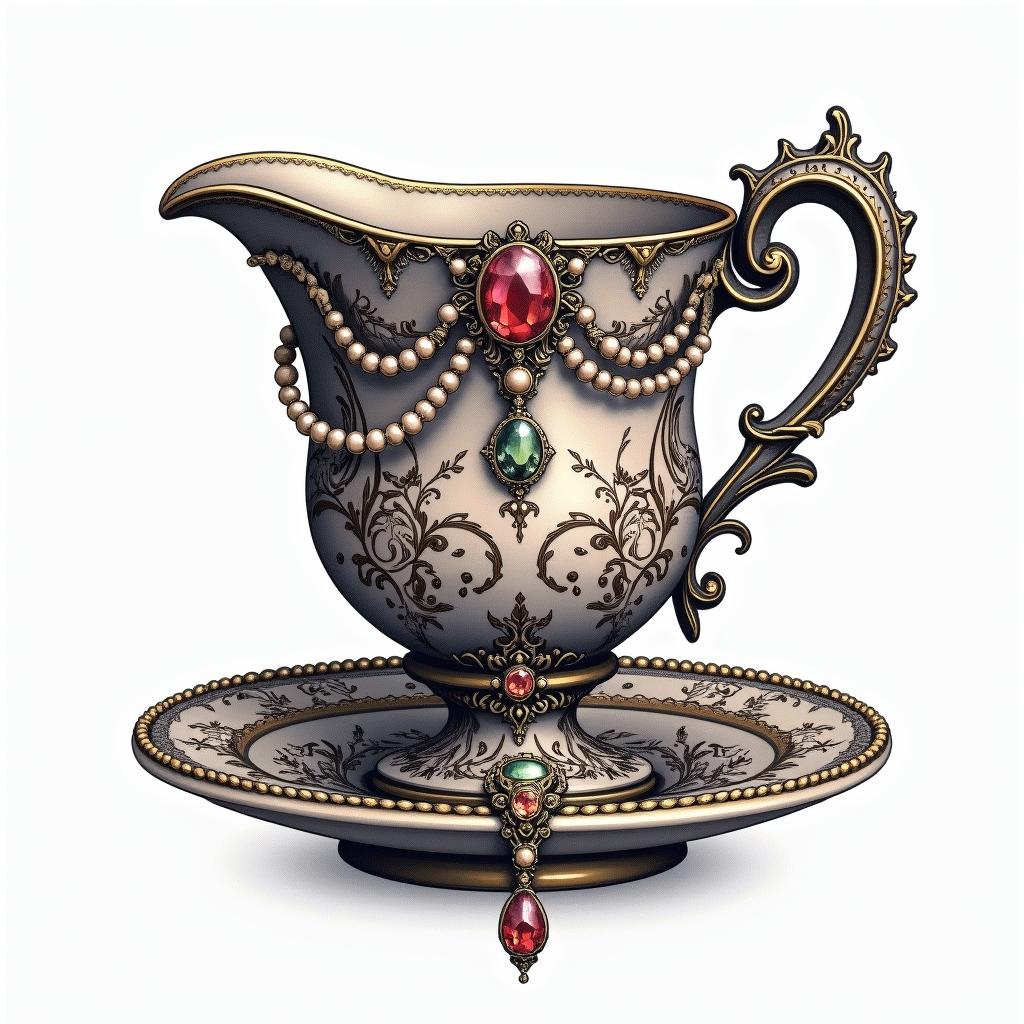 Teacup from the Victorian Renaissance era, heavily draped and adorned in pearls and chains with inlays of jewels and precious gemstones. Lots of colorin new school tattoo, pop culture, modern, detailed tattoo, illustrative - Variation 2