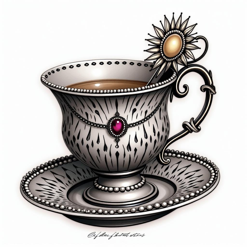 Teacup from the Victorian Renaissance era, heavily draped and adorned in pearls and chains with inlays of jewels and precious gemstones. Lots of colorin new school tattoo, pop culture, modern, detailed tattoo, illustrative - Variation 3
