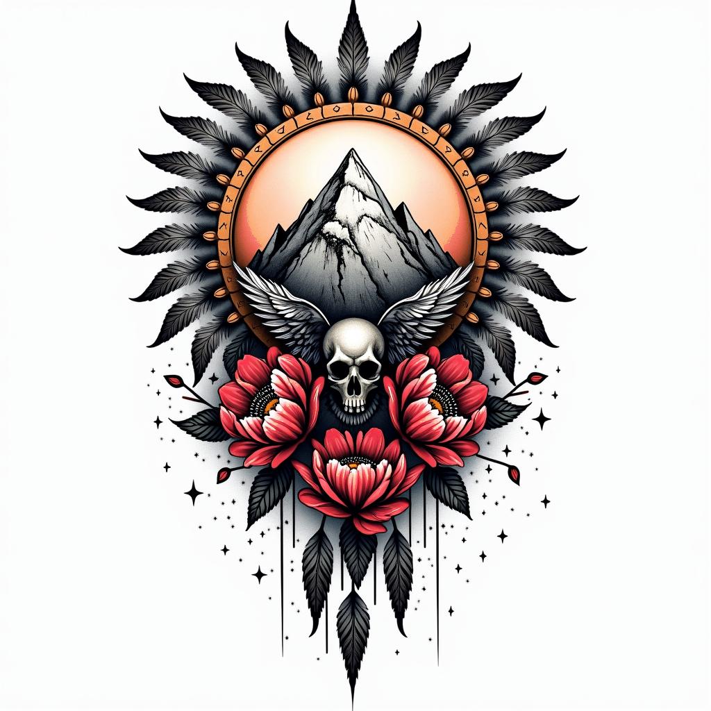 bastion mountain range with Indian head, peony flowers, color, north south east west dreamcatcher with feathersin graffiti style tattoo, featuring bold and dynamic street art elements, spray-paint texture with exaggerated lines and expressive, chaotic brushstrokes, intricate lettering incorporated with graffiti tags, symbols like hearts, stars, and wings - Variation 3