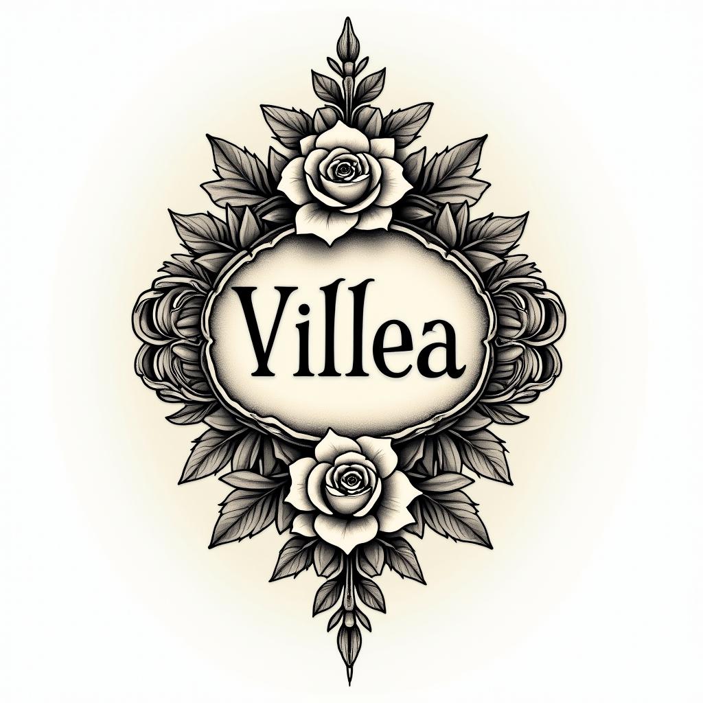 Villela scriptin victorian style tattoo, featuring vintage and elegant elements, ornate frames, roses, antique, sepia-toned color scheme - Variation 3