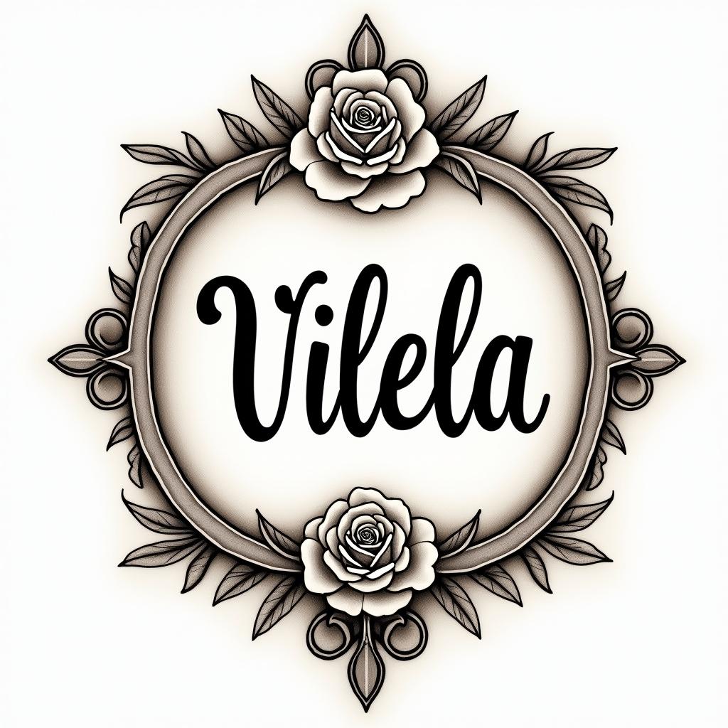 Villela scriptin victorian style tattoo, featuring vintage and elegant elements, ornate frames, roses, antique, sepia-toned color scheme - Variation 4