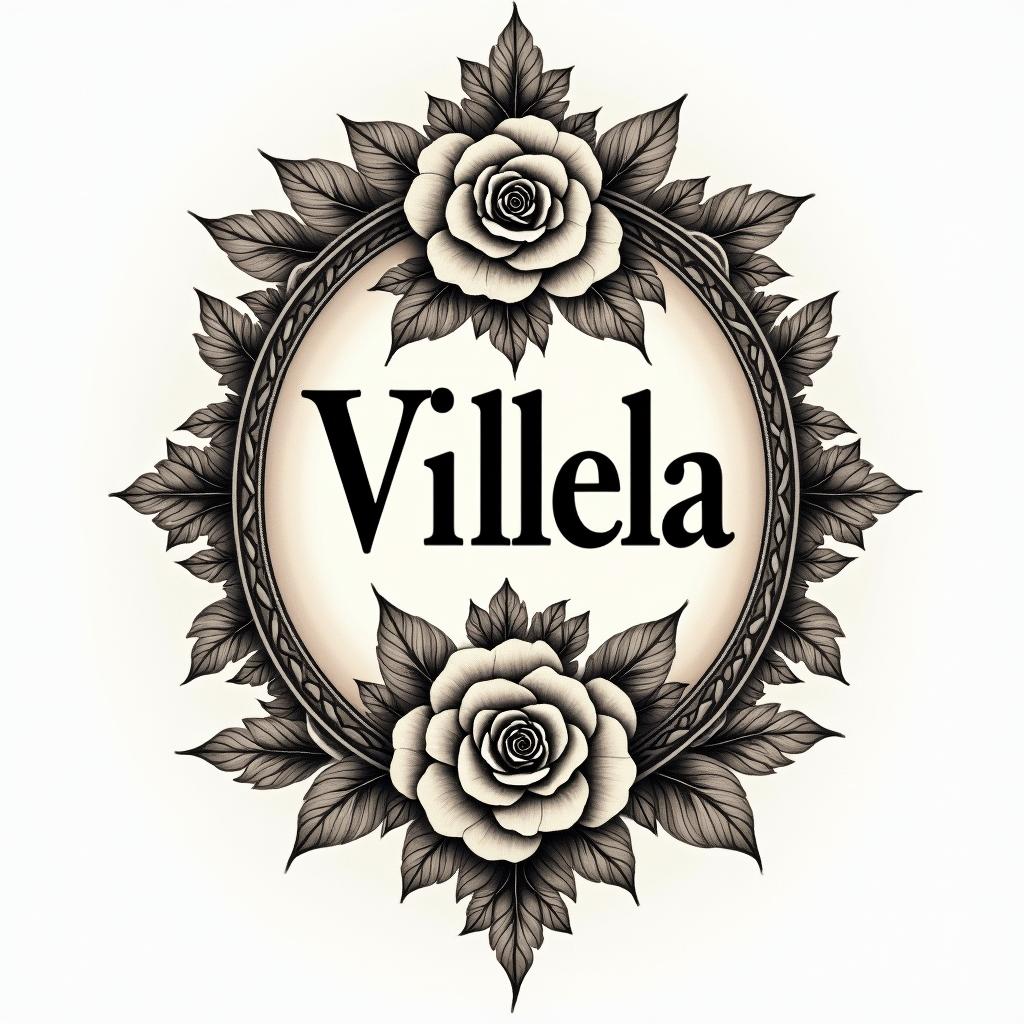 Villela scriptin victorian style tattoo, featuring vintage and elegant elements, ornate frames, roses, antique, sepia-toned color scheme
