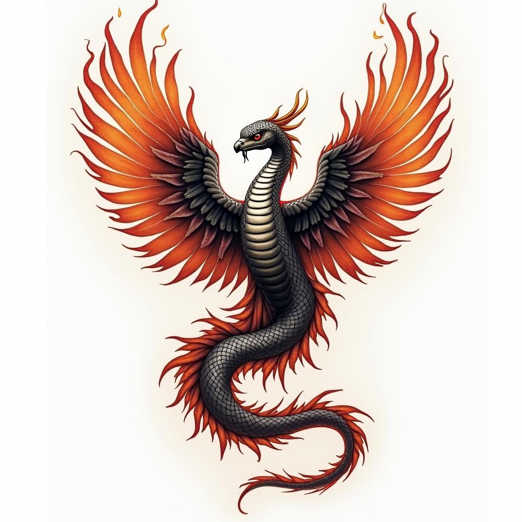 Medical snake 
wrapped around phoenixin flame tattoo style showcasing fiery elements with dynamic flame patterns, glowing effect of flames, natural colors - Variation 3