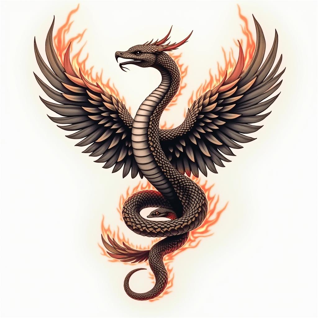 Medical snake 
wrapped around phoenixin flame tattoo style showcasing fiery elements with dynamic flame patterns, glowing effect of flames, natural colors - Variation 2
