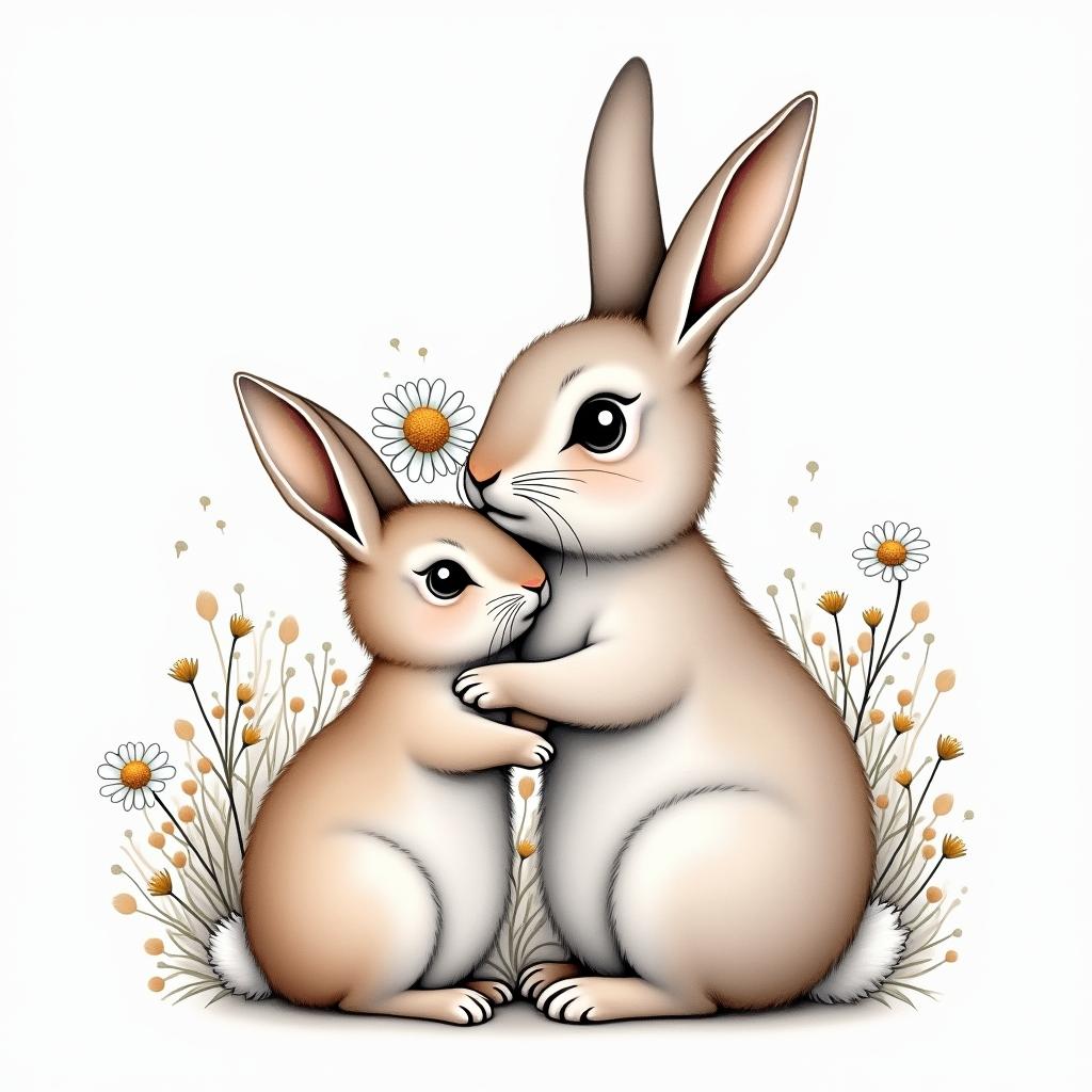 a watercolor tattoo of a mom rabbit and a daughter rabbit, with the mom gently placing daisy flowers on the daughter's head. The rabbits are depicted in light brown or light grey, both having long eyelashes, surrounded by delicate floral elements.higly detailed tattoo - Variation 7