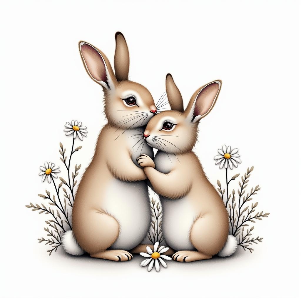 a watercolor tattoo of a mom rabbit and a daughter rabbit, with the mom gently placing daisy flowers on the daughter's head. The rabbits are depicted in light brown or light grey, both having long eyelashes, surrounded by delicate floral elements.higly detailed tattoo - Variation 8