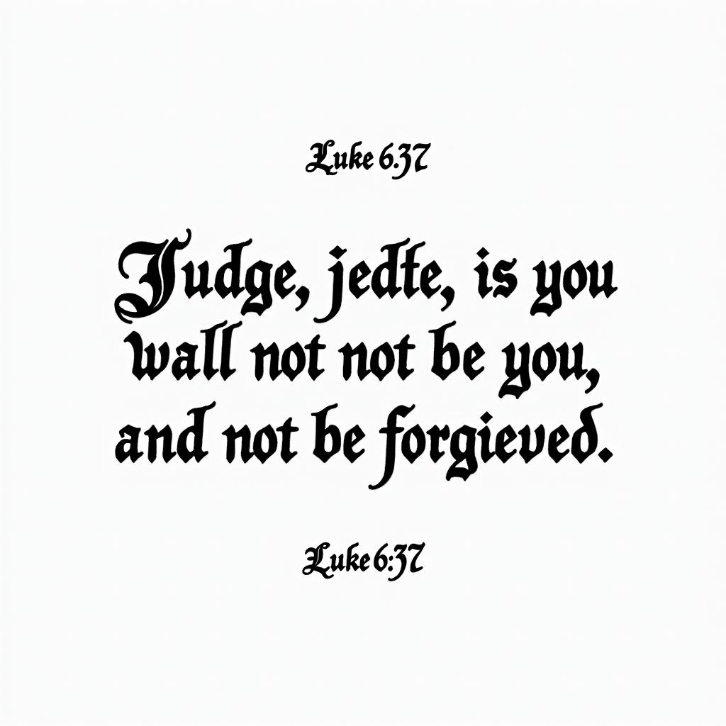 Luke 6:37 -
Judge not, and you shall not be judged: condemn not, and you shall not be condemned: forgive, and you shall be forgiven:text-based tattoo, gothic font ultra-realistic, perfectly placed, high-quality font design, photo-realistic shading, 8k, high quality, finely detailed typography - Variation 2