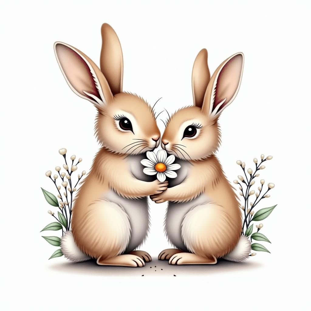 a watercolor tattoo of a mom rabbit and a daughter rabbit, with the mom gently placing daisy flowers on the daughter's head. The rabbits are depicted in light brown or light grey, both having long eyelashes, surrounded by delicate floral elements.higly detailed tattoo - Variation 5