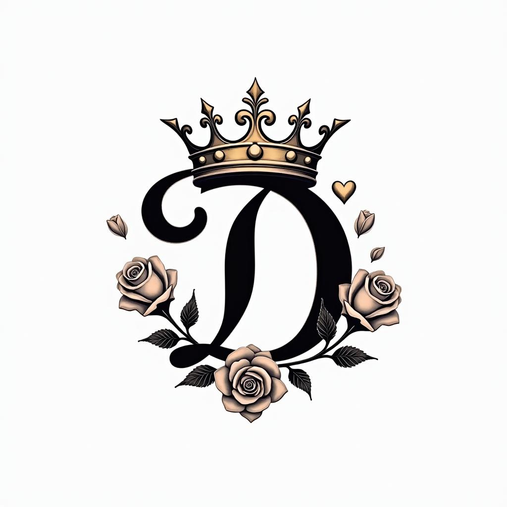Initial D with a king crown and two rosesin elegant cursive calligraphy style 2d tattoo, decorate with roses, featuring a smooth and flowing handwritten script with slightly thickened strokes for a luxurious and bold appearance, heart symbol between names, sleek and glossy black text with shadowing, minimalist matte white background, clean and sharp edges, illuminated with soft lighting, romantic, 8k, high-quality textures with refined typography