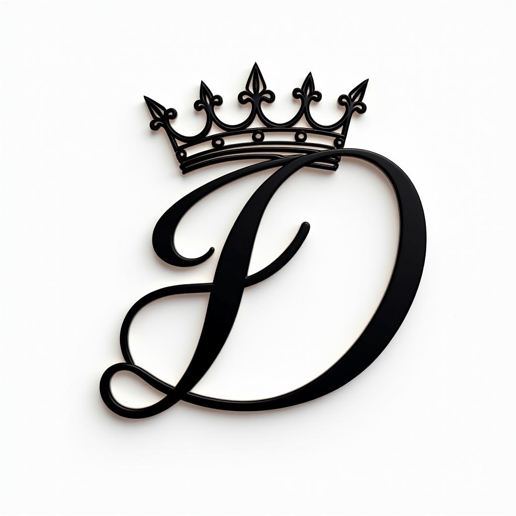 Initial D with a king crown and two rosesin elegant cursive calligraphy style 2d tattoo, decorate with roses, featuring a smooth and flowing handwritten script with slightly thickened strokes for a luxurious and bold appearance, heart symbol between names, sleek and glossy black text with shadowing, minimalist matte white background, clean and sharp edges, illuminated with soft lighting, romantic, 8k, high-quality textures with refined typography - Variation 2