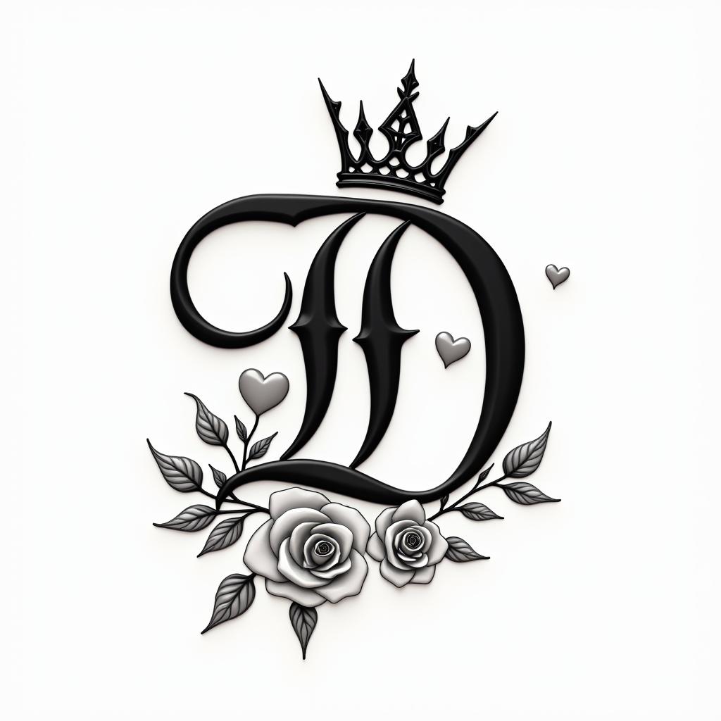 Initial D with a king crown and two rosesin elegant cursive calligraphy style 2d tattoo, decorate with roses, featuring a smooth and flowing handwritten script with slightly thickened strokes for a luxurious and bold appearance, heart symbol between names, sleek and glossy black text with shadowing, minimalist matte white background, clean and sharp edges, illuminated with soft lighting, romantic, 8k, high-quality textures with refined typography - Variation 4