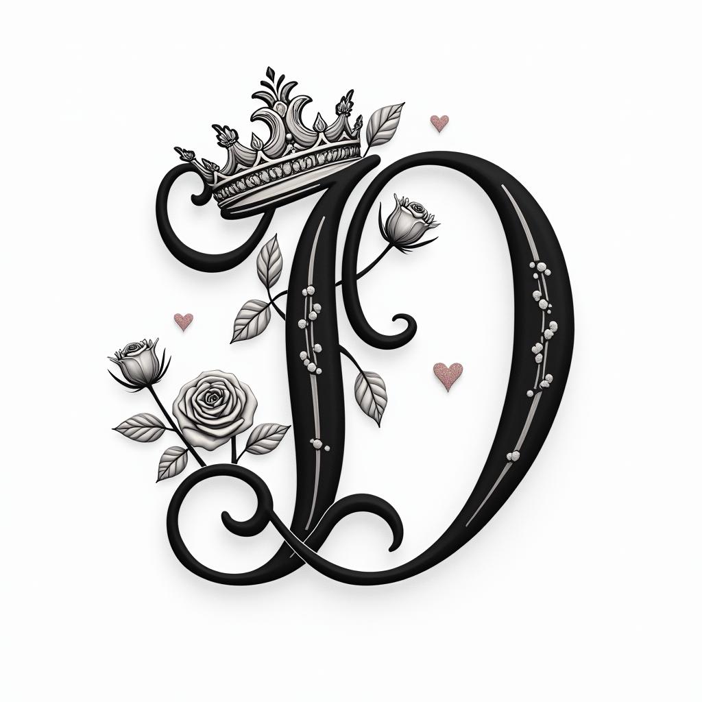 Initial D with a king crown and two rosesin elegant cursive calligraphy style 2d tattoo, decorate with roses, featuring a smooth and flowing handwritten script with slightly thickened strokes for a luxurious and bold appearance, heart symbol between names, sleek and glossy black text with shadowing, minimalist matte white background, clean and sharp edges, illuminated with soft lighting, romantic, 8k, high-quality textures with refined typography - Variation 3