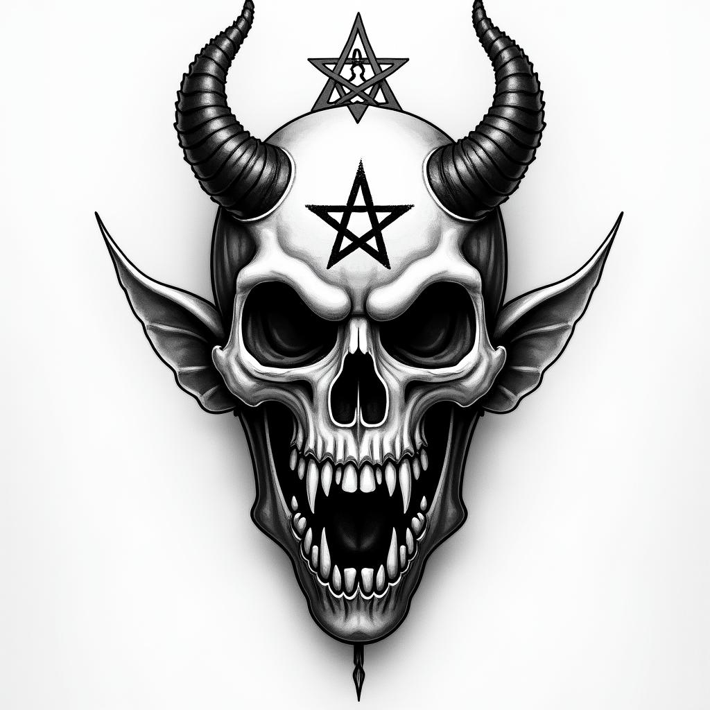 Ramon Ayalacreepy horror tattoo style, featuring an eerie and unsettling skull of a demonic creature, distorted face with sharp fangs, add pentagram symbol