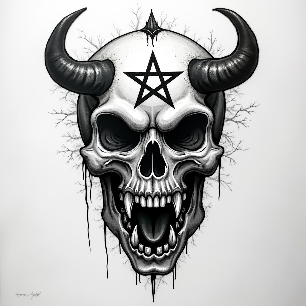 Ramon Ayalacreepy horror tattoo style, featuring an eerie and unsettling skull of a demonic creature, distorted face with sharp fangs, add pentagram symbol - Variation 3