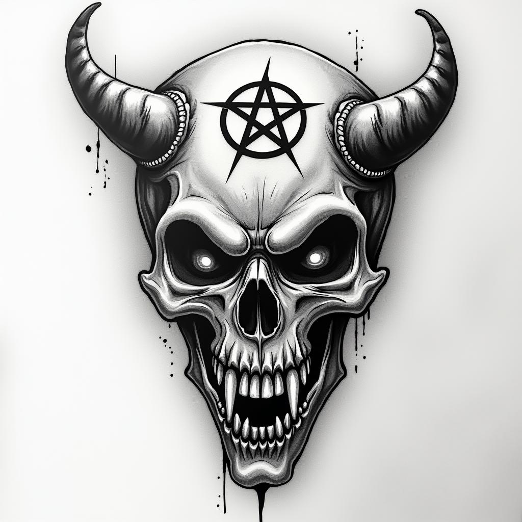 Ramon Ayalacreepy horror tattoo style, featuring an eerie and unsettling skull of a demonic creature, distorted face with sharp fangs, add pentagram symbol - Variation 4