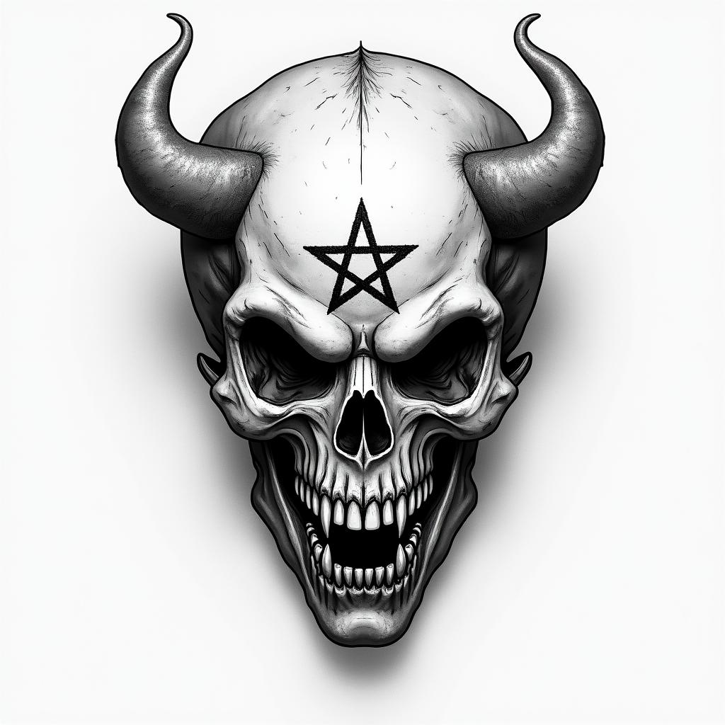 Ramon Ayalacreepy horror tattoo style, featuring an eerie and unsettling skull of a demonic creature, distorted face with sharp fangs, add pentagram symbol - Variation 2