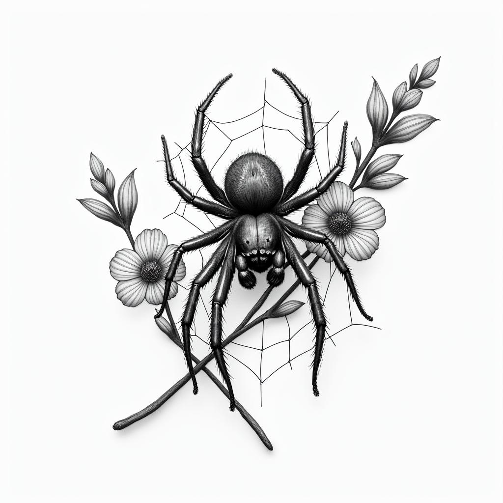 Small spider on web with flowers with stemin portrait tattoo style, featuring a highly realistic and detailed depiction  - Variation 91