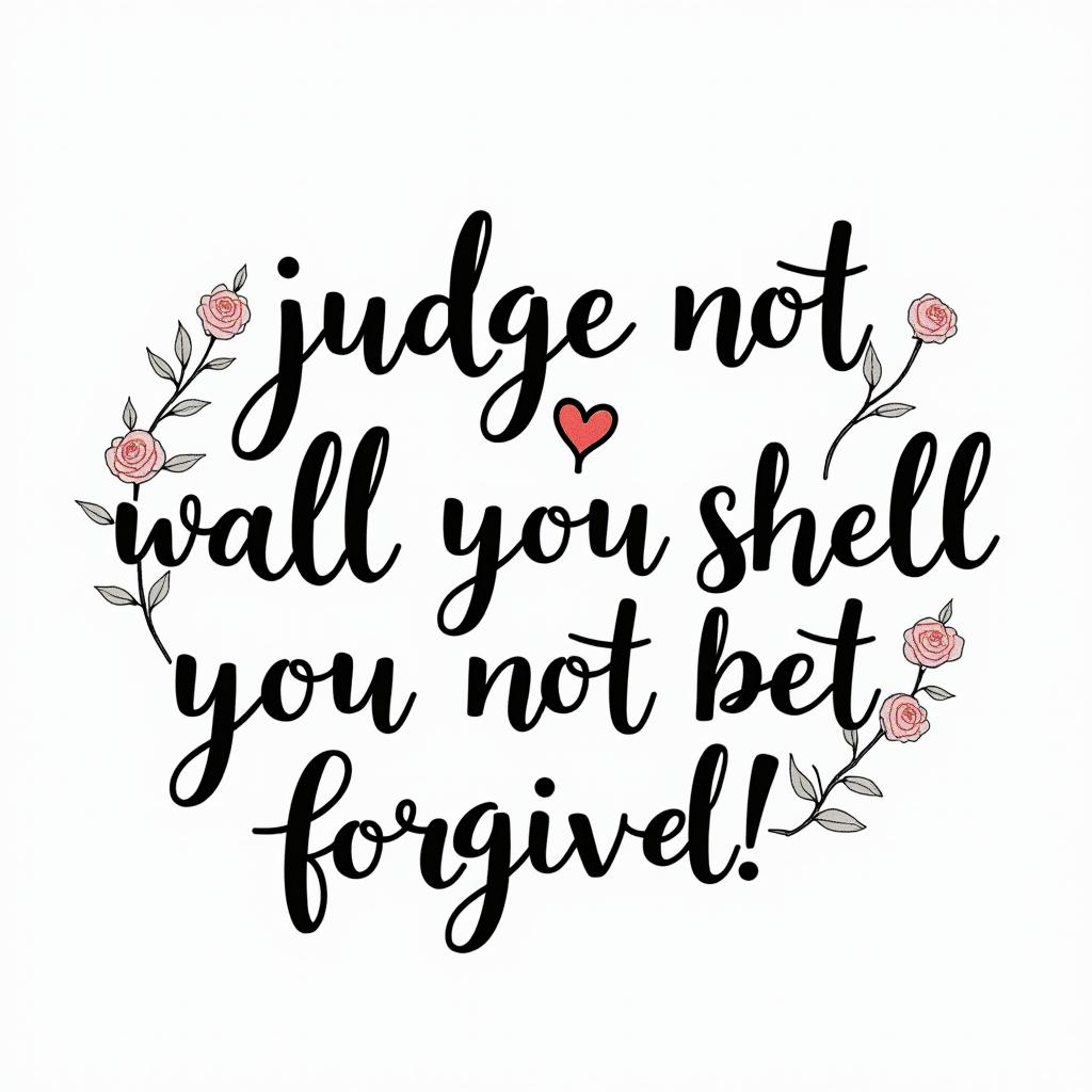 Luke 6:37 -
Judge not, and you shall not be judged: condemn not, and you shall not be condemned: forgive, and you shall be forgiven:in elegant cursive calligraphy style 2d tattoo, decorate with roses, featuring a smooth and flowing handwritten script with slightly thickened strokes for a luxurious and bold appearance, heart symbol between names, sleek and glossy black text with shadowing, minimalist matte white background, clean and sharp edges, illuminated with soft lighting, romantic, 8k, high-quality textures with refined typography - Variation 3