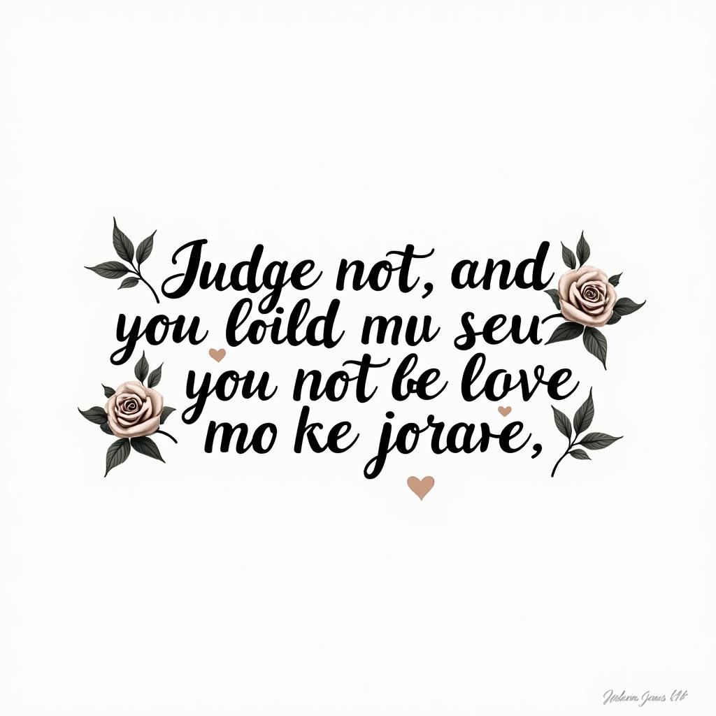 Luke 6:37 -
Judge not, and you shall not be judged: condemn not, and you shall not be condemned: forgive, and you shall be forgiven:in elegant cursive calligraphy style 2d tattoo, decorate with roses, featuring a smooth and flowing handwritten script with slightly thickened strokes for a luxurious and bold appearance, heart symbol between names, sleek and glossy black text with shadowing, minimalist matte white background, clean and sharp edges, illuminated with soft lighting, romantic, 8k, high-quality textures with refined typography - Variation 2