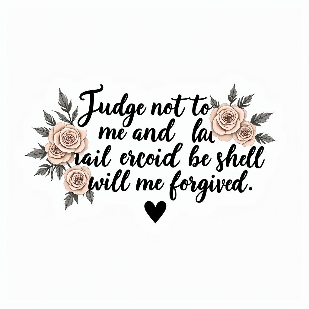 Luke 6:37 -
Judge not, and you shall not be judged: condemn not, and you shall not be condemned: forgive, and you shall be forgiven:in elegant cursive calligraphy style 2d tattoo, decorate with roses, featuring a smooth and flowing handwritten script with slightly thickened strokes for a luxurious and bold appearance, heart symbol between names, sleek and glossy black text with shadowing, minimalist matte white background, clean and sharp edges, illuminated with soft lighting, romantic, 8k, high-quality textures with refined typography - Variation 4