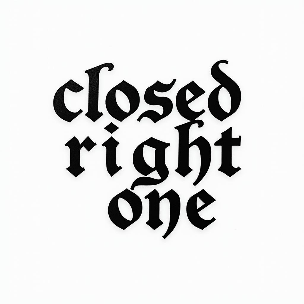 A phrase "rdc closed with the right one🤟🏻🍁text-based tattoo, gothic font ultra-realistic, perfectly placed, high-quality font design, photo-realistic shading, 8k, high quality, finely detailed typography