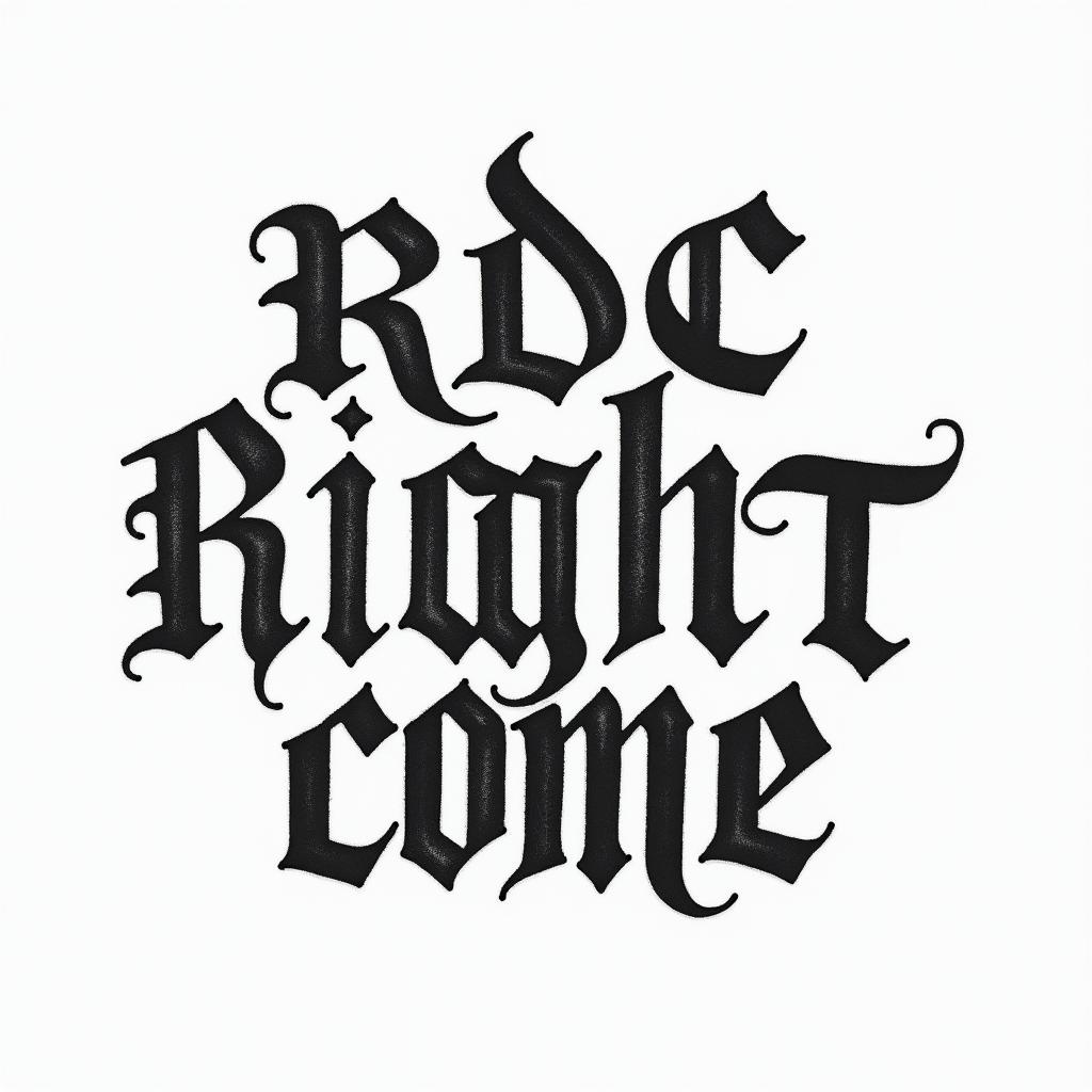 A phrase "rdc closed with the right one🤟🏻🍁text-based tattoo, gothic font ultra-realistic, perfectly placed, high-quality font design, photo-realistic shading, 8k, high quality, finely detailed typography - Variation 3