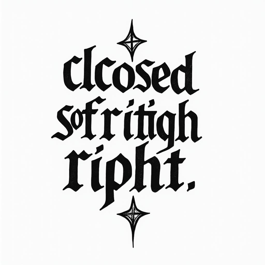 A phrase "rdc closed with the right one🤟🏻🍁text-based tattoo, gothic font ultra-realistic, perfectly placed, high-quality font design, photo-realistic shading, 8k, high quality, finely detailed typography - Variation 2