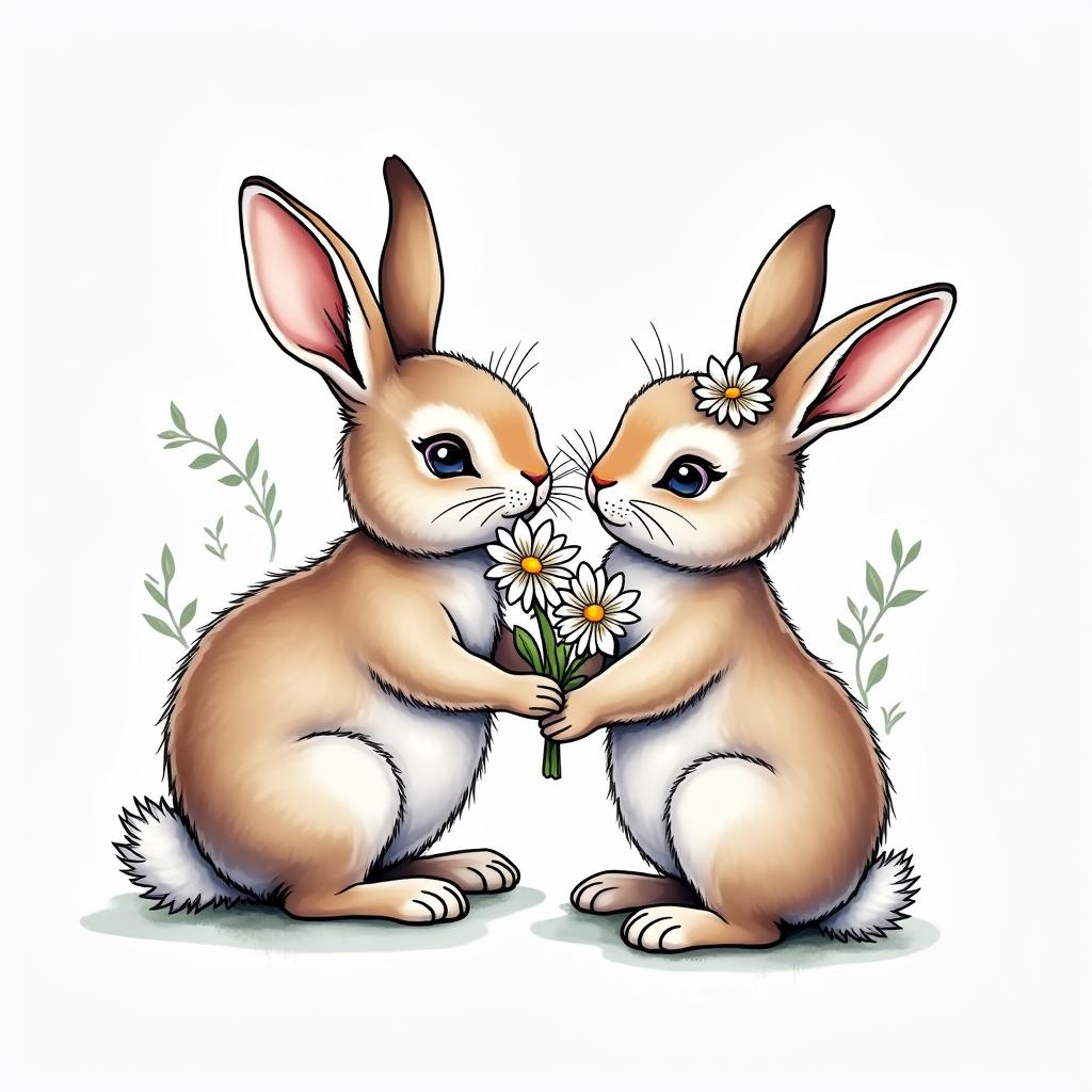 a watercolor tattoo of a mom rabbit and a daughter rabbit, with the mom gently placing daisy flowers on the daughter's head. The rabbits are depicted in light brown or light grey, both having long eyelashes, surrounded by delicate floral elements.higly detailed tattoo