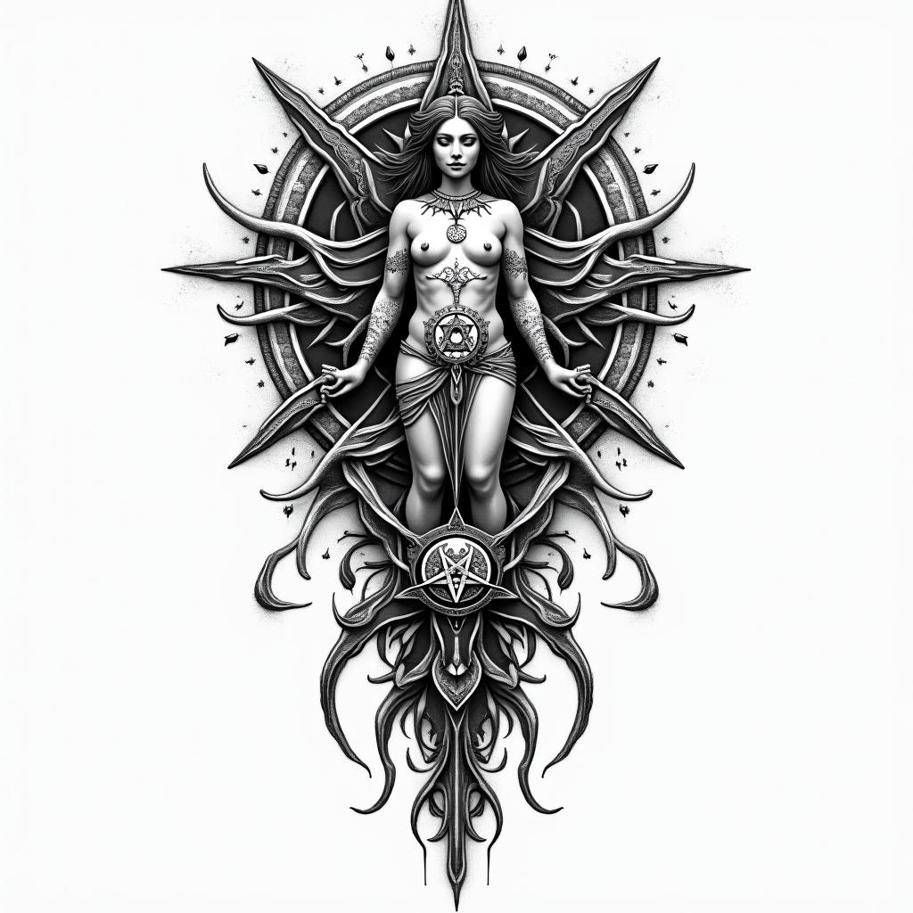 God is within her SHE WILL NOT FALLin paganic style tattoo, featuring ancient symbols, add vegvisir symbol, mystical figures, incorporating designs, pentagrams, runes, crescent moons, - Variation 4