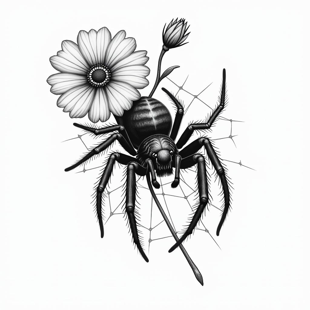 Small spider on web with flowers with stemin portrait tattoo style, featuring a highly realistic and detailed depiction  - Variation 84