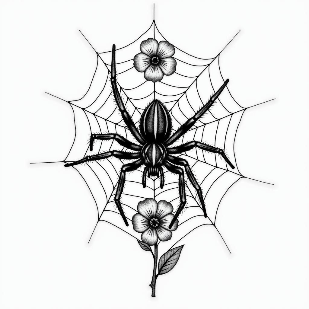 Small spider on web with flowers with stemin portrait tattoo style, featuring a highly realistic and detailed depiction  - Variation 83