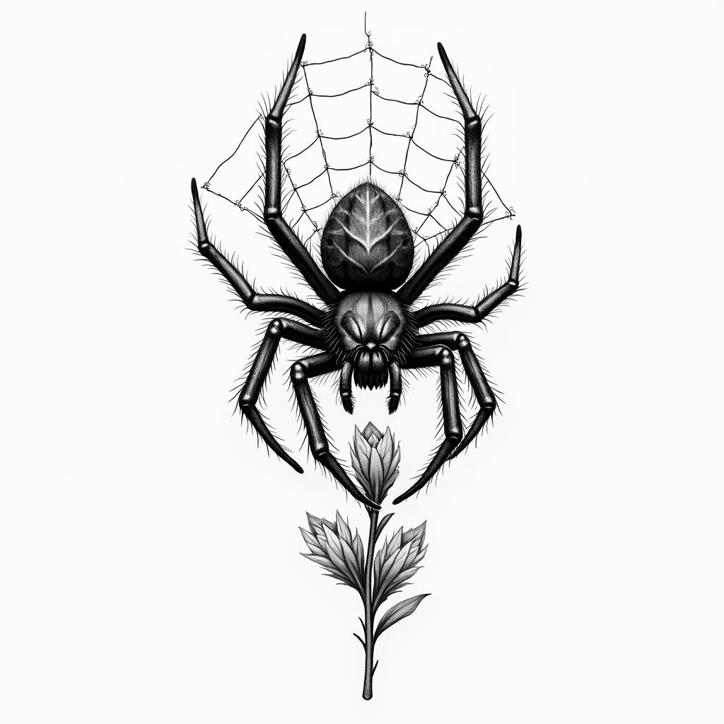 Small spider on web with flowers with stemin portrait tattoo style, featuring a highly realistic and detailed depiction  - Variation 78
