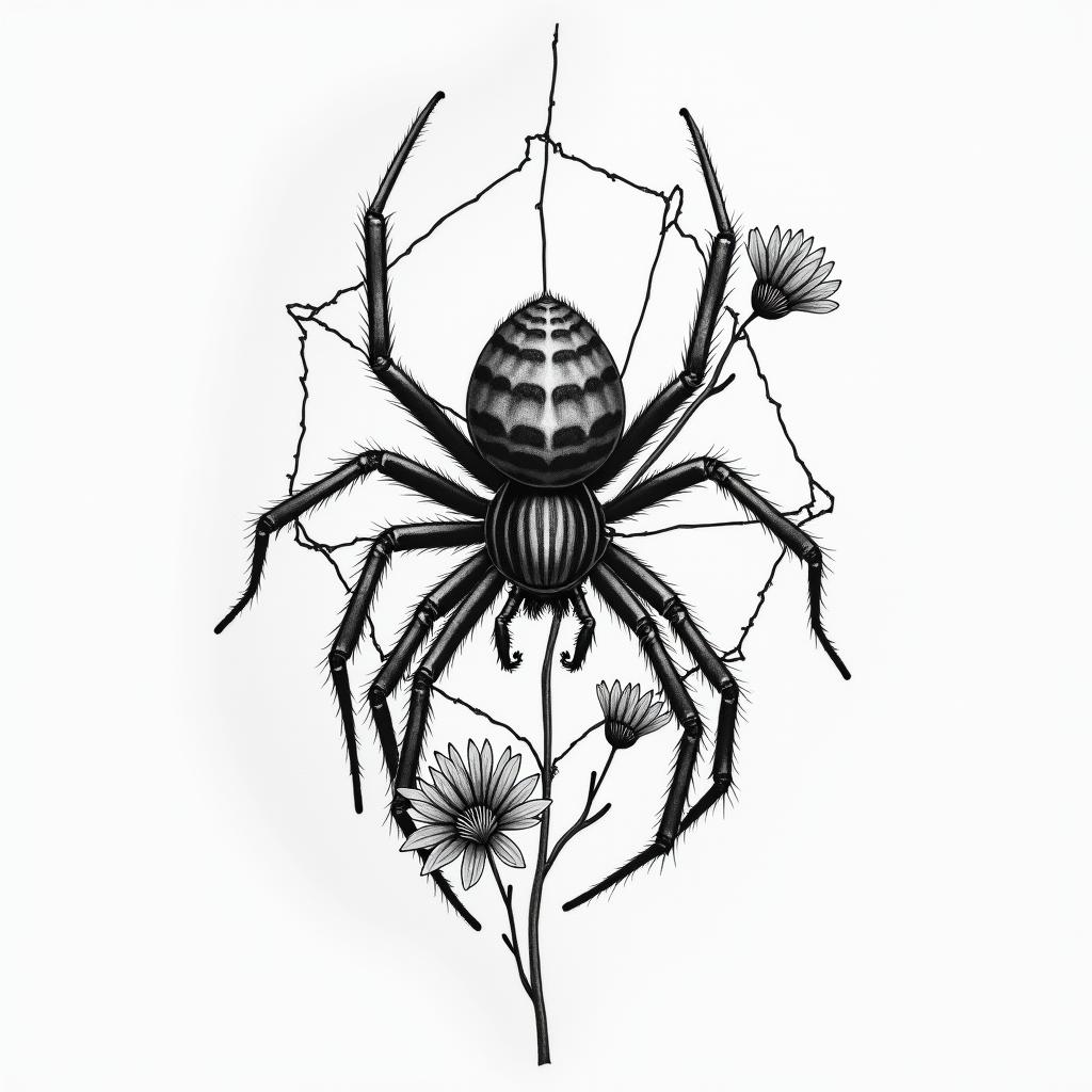 Small spider on web with flowers with stemin portrait tattoo style, featuring a highly realistic and detailed depiction  - Variation 79