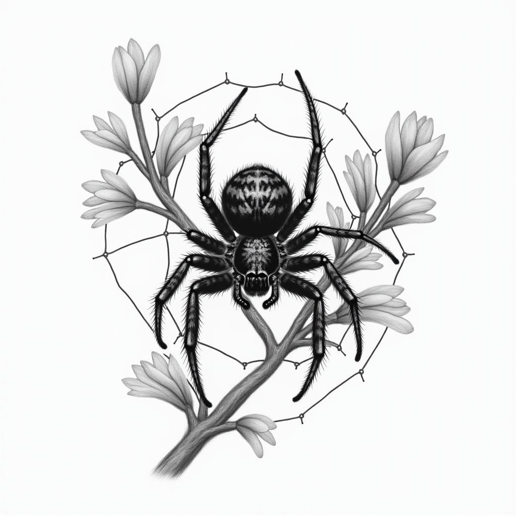 Small spider on web with flowers with stemin portrait tattoo style, featuring a highly realistic and detailed depiction  - Variation 80