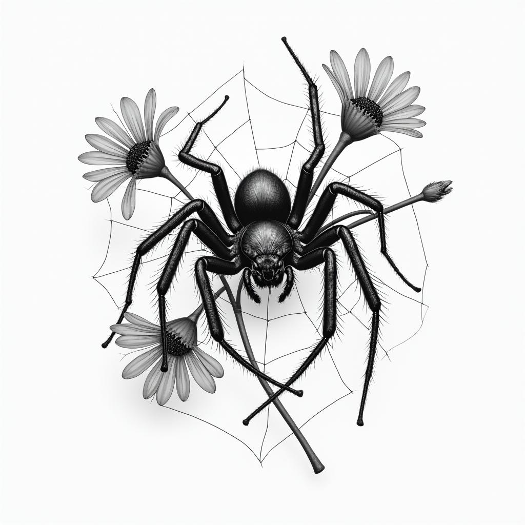 Small spider on web with flowers with stemin portrait tattoo style, featuring a highly realistic and detailed depiction  - Variation 77