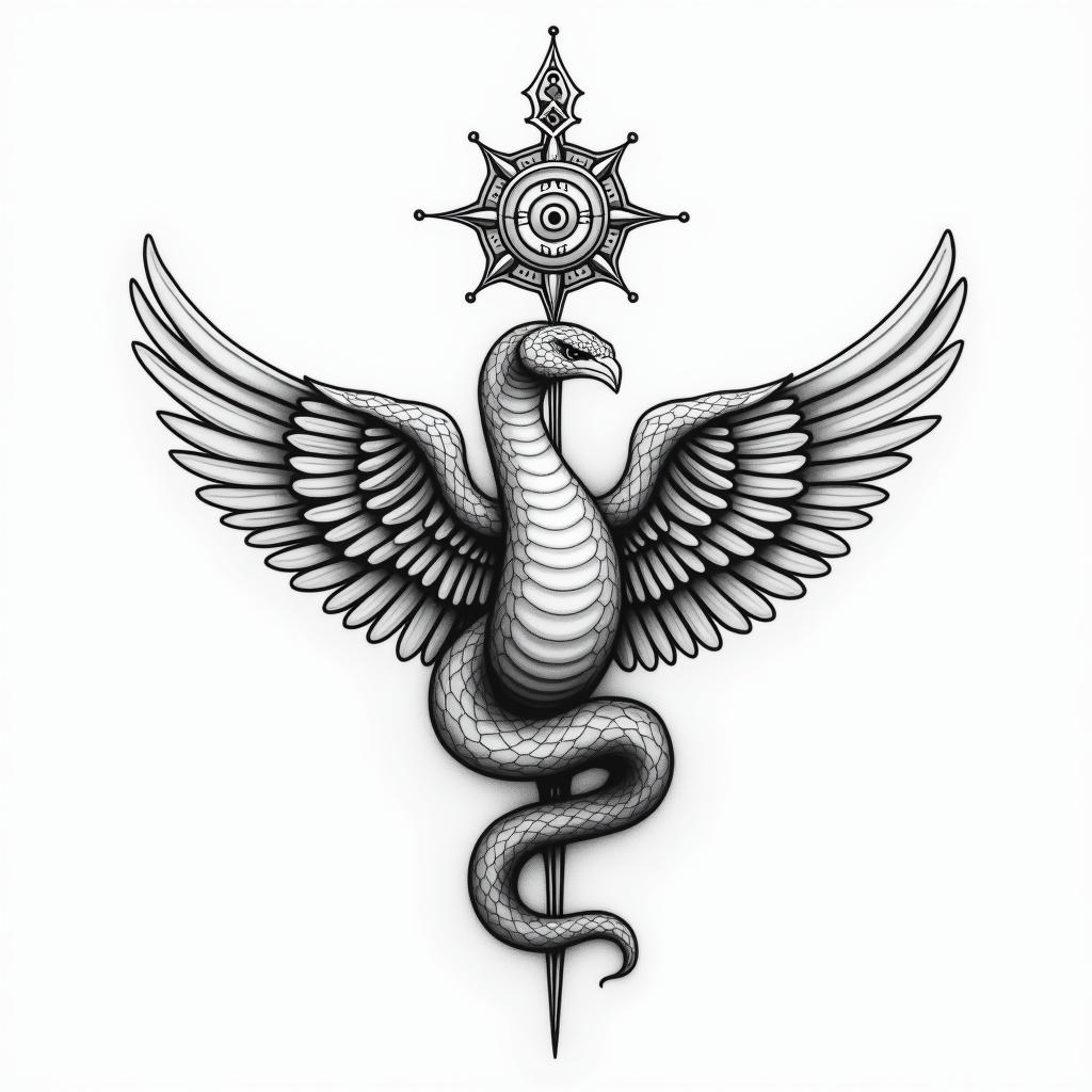 Medical snake
wrapped around phoenixin spiritual symbols tattoo style, featuring an intricate design incorporating elements, Hamsa hand, third eye, minimalist composition - Variation 3