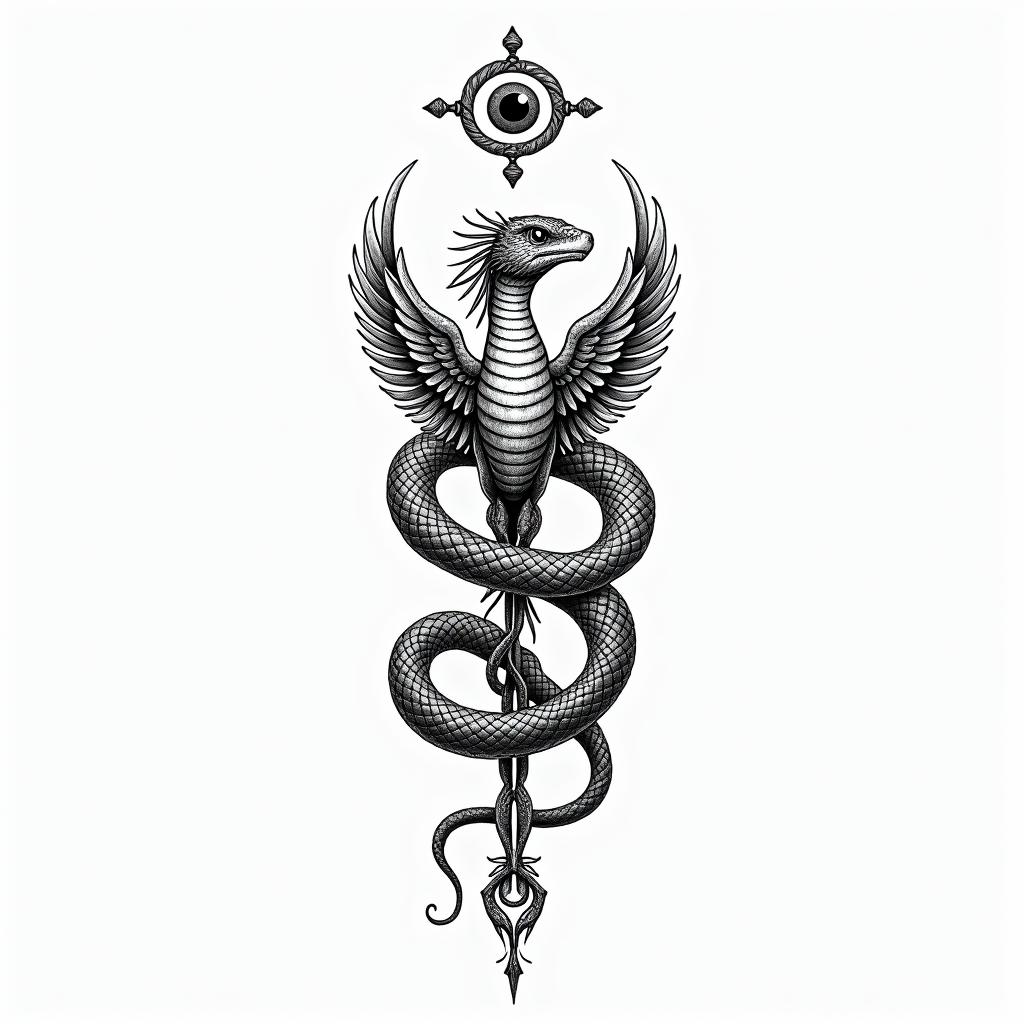 Medical snake
wrapped around phoenixin spiritual symbols tattoo style, featuring an intricate design incorporating elements, Hamsa hand, third eye, minimalist composition - Variation 2