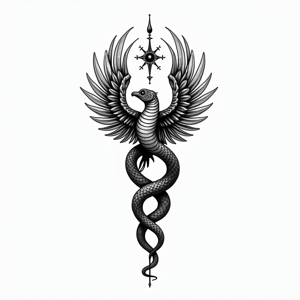 Medical snake
wrapped around phoenixin spiritual symbols tattoo style, featuring an intricate design incorporating elements, Hamsa hand, third eye, minimalist composition