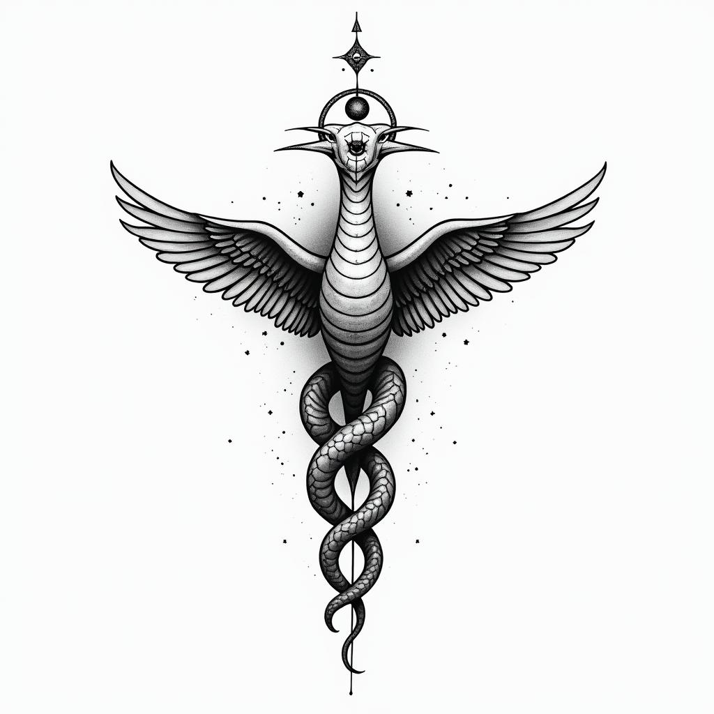 Medical snake
wrapped around phoenixin spiritual symbols tattoo style, featuring an intricate design incorporating elements, Hamsa hand, third eye, minimalist composition - Variation 4